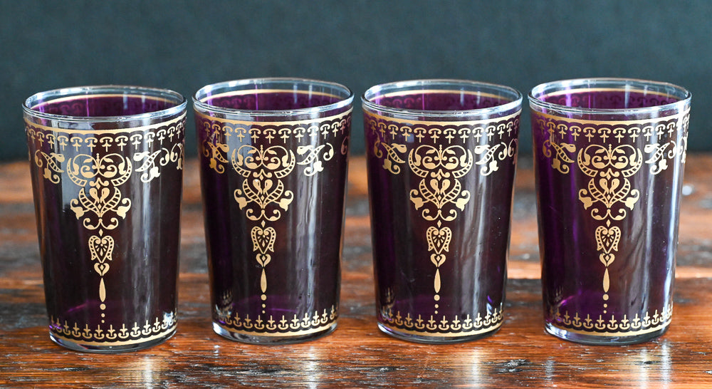purple and gold print Moroccan tea glasses