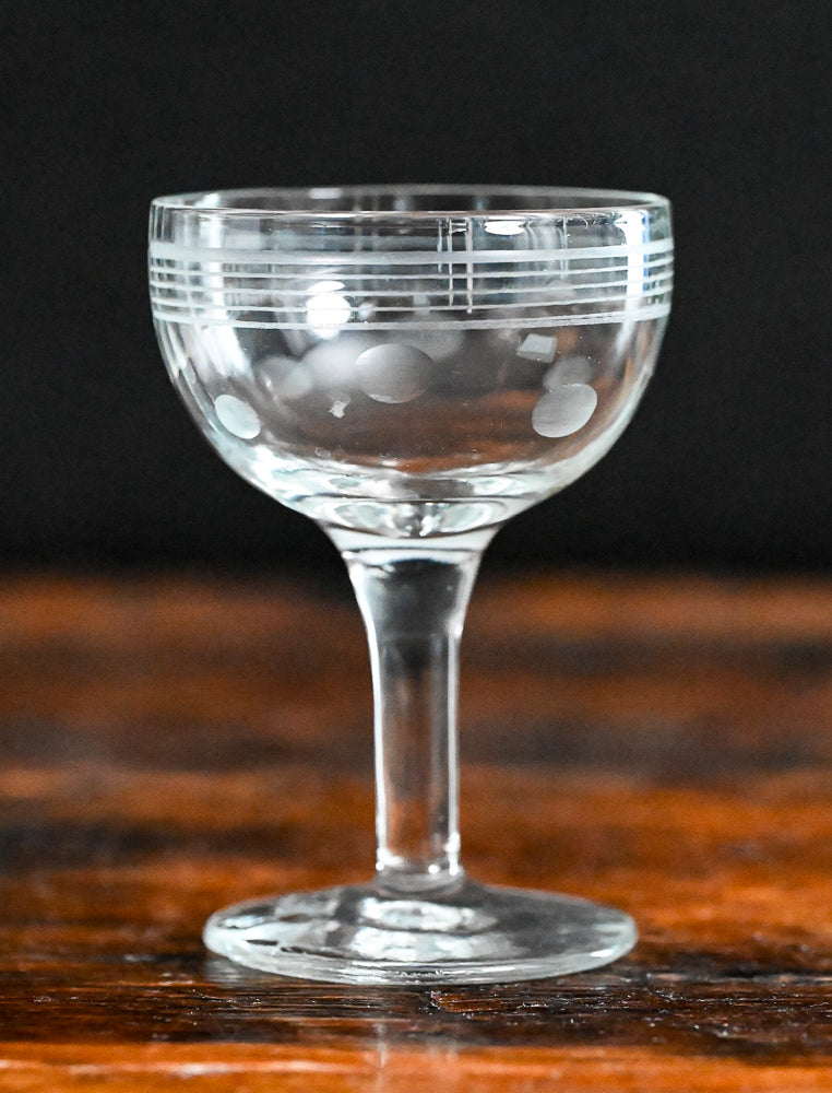 dot and line etched clear cocktail coupe