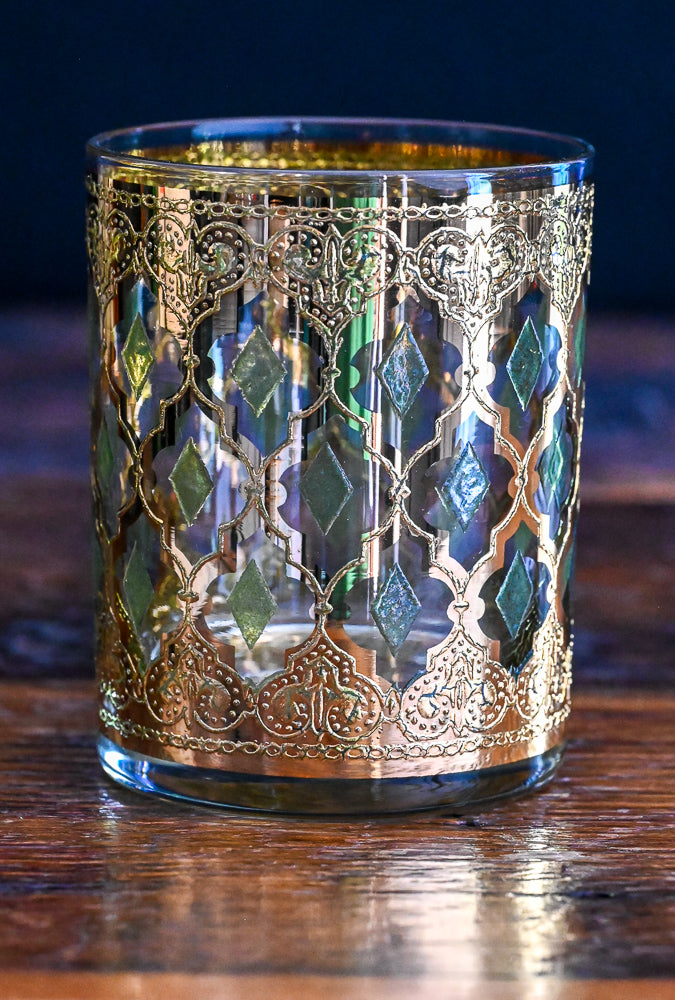 Culver Valencia 22K gold with green diamonds rocks glass