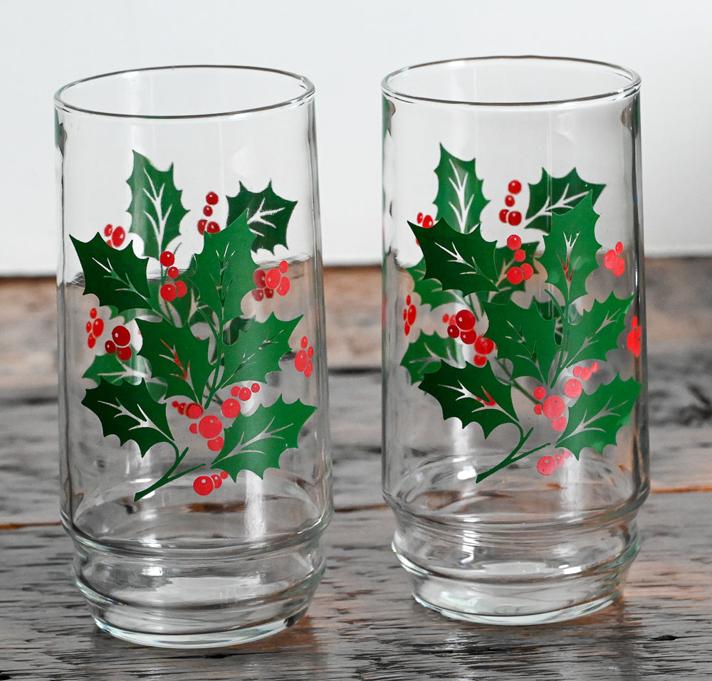 Indiana Glass green and red holly berry print tumblers