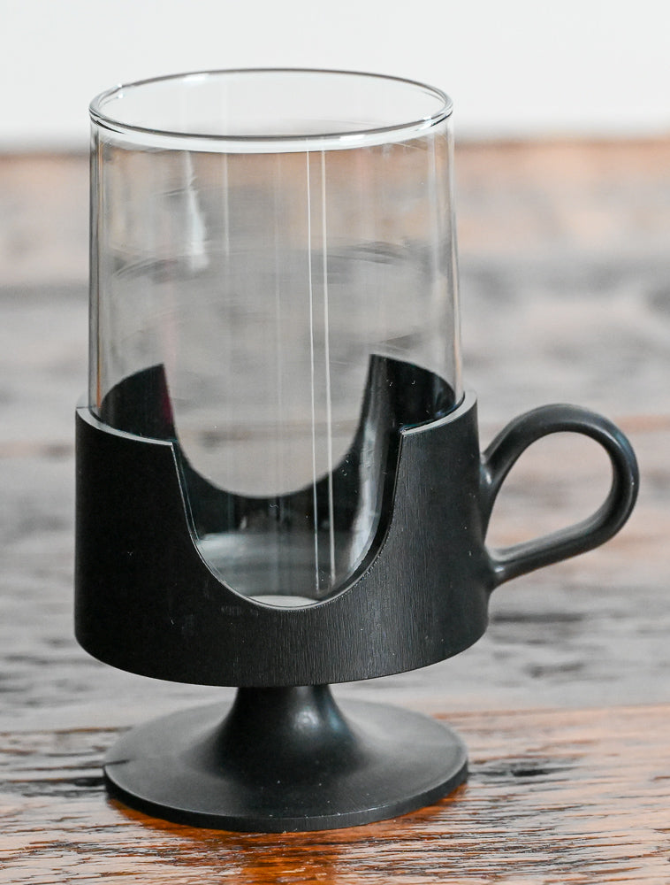 corning glas-snap black handled mug
