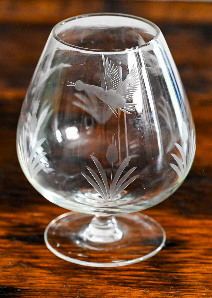 Ducks and reeds etched brandy snifter