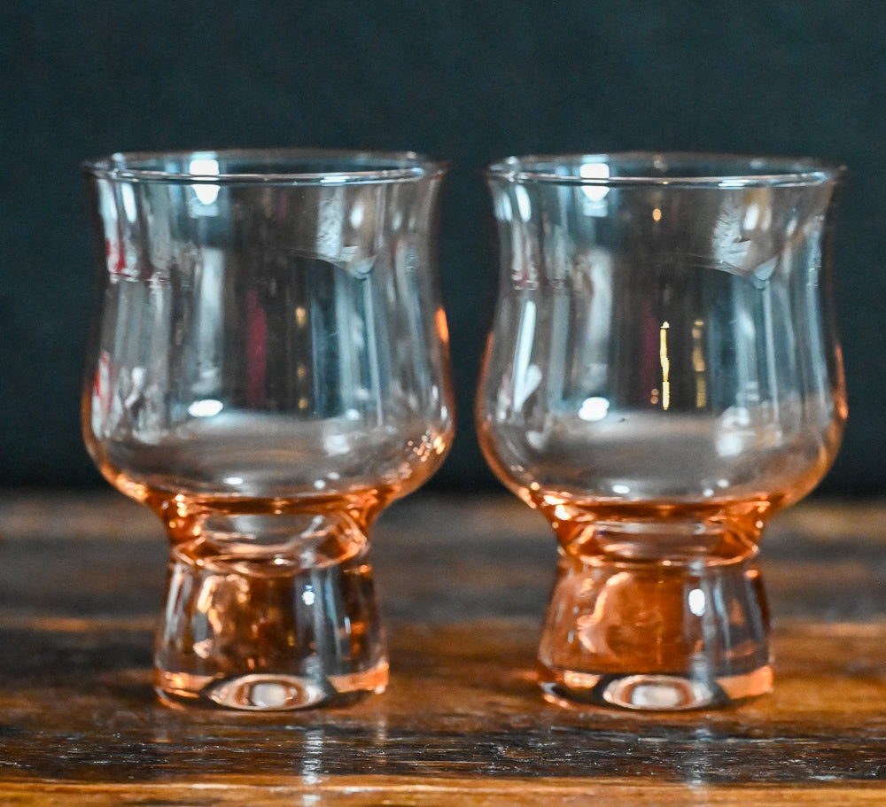 pink glass, low stemmed goblets