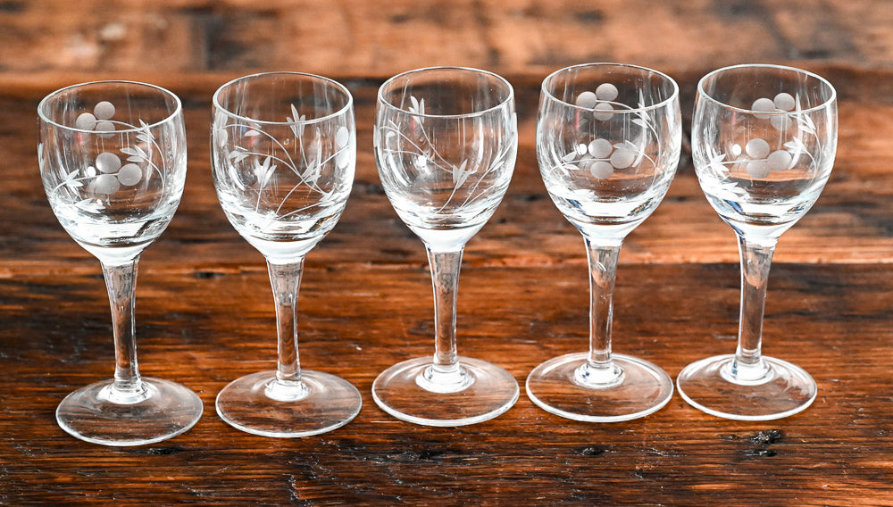 grape Etched cordial glasses