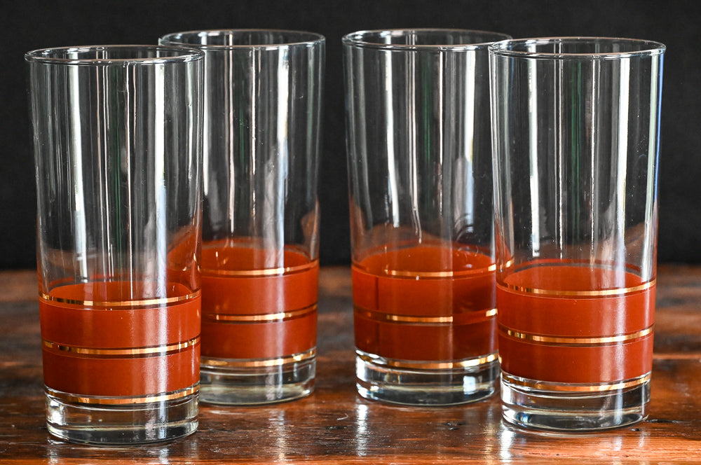 brown and gold striped bottom highball glasses