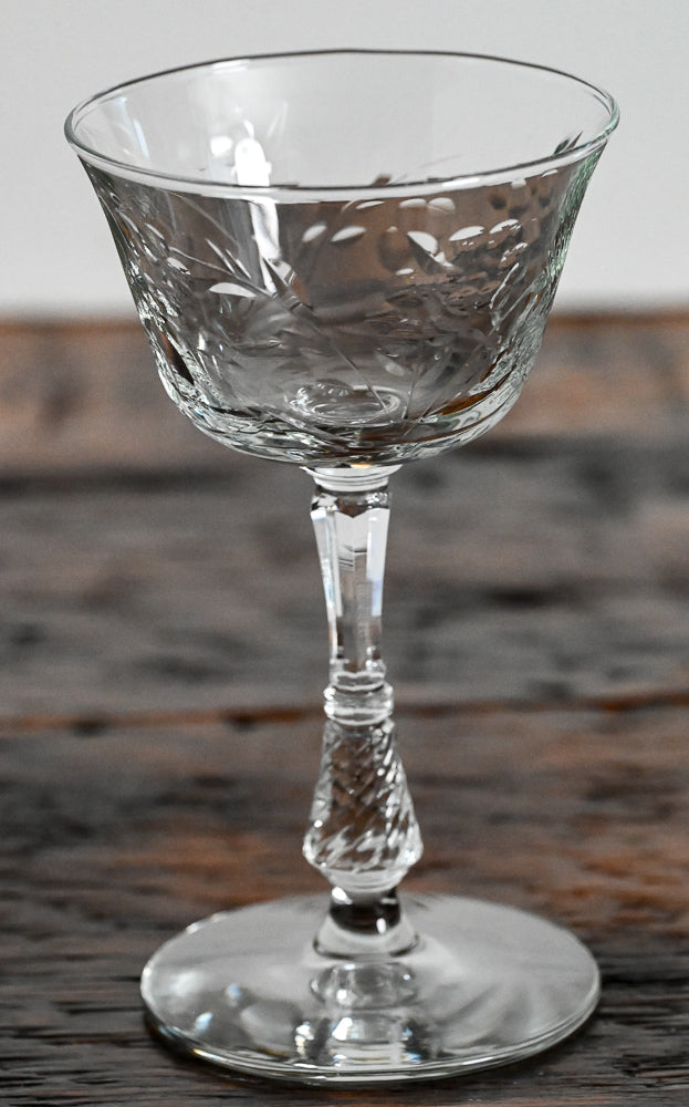Libbey clear Rock Sharpe coupe with stacked stem