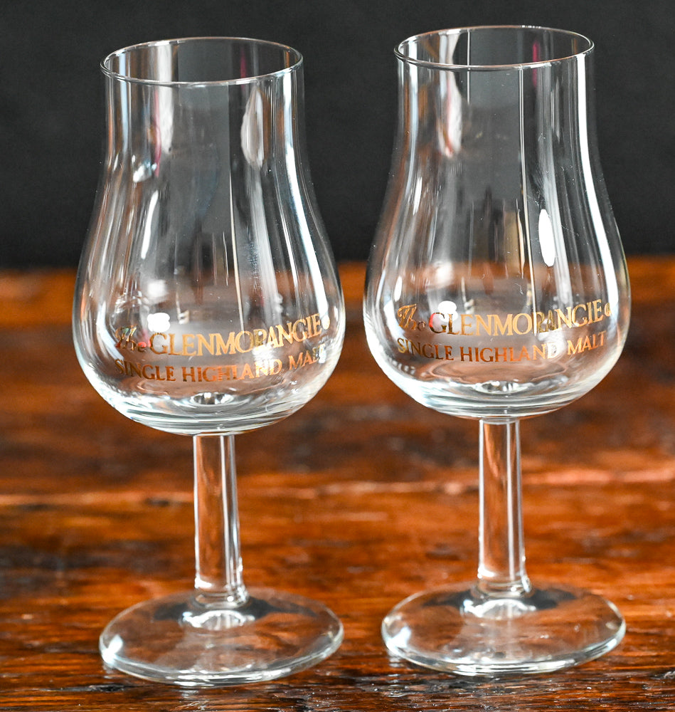 Gold lettering Glenmorangie stemmed glencairn glasses