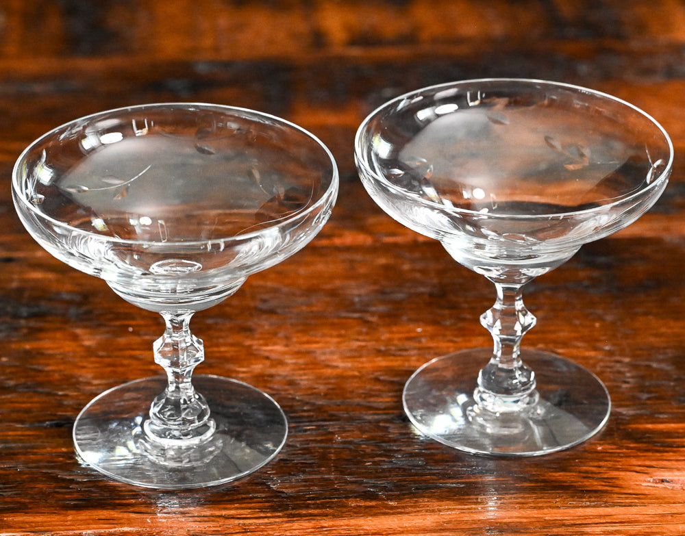etched clear champagne coupes
