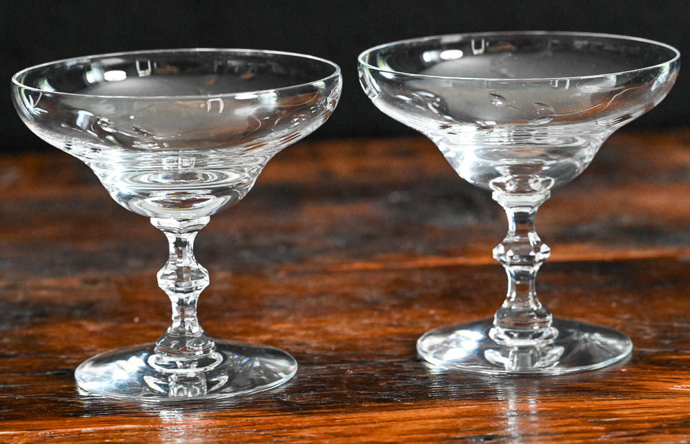 etched clear champagne coupes