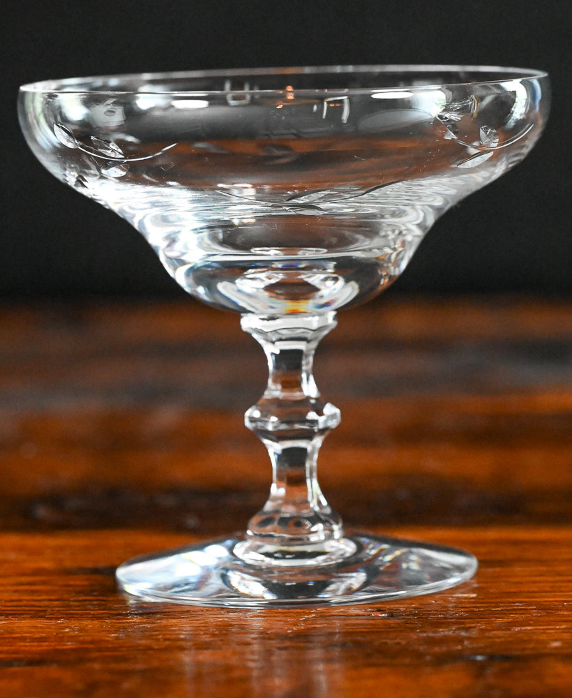 etched clear champagne coupes