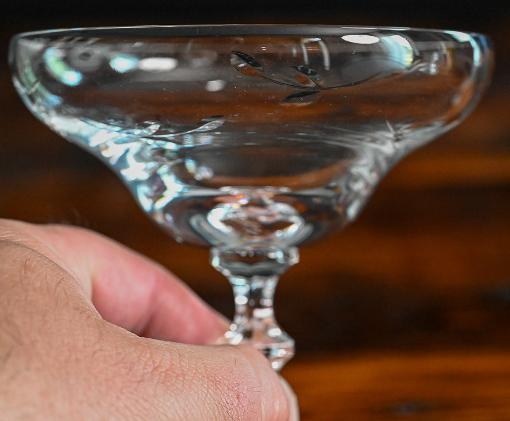 etched clear champagne coupes