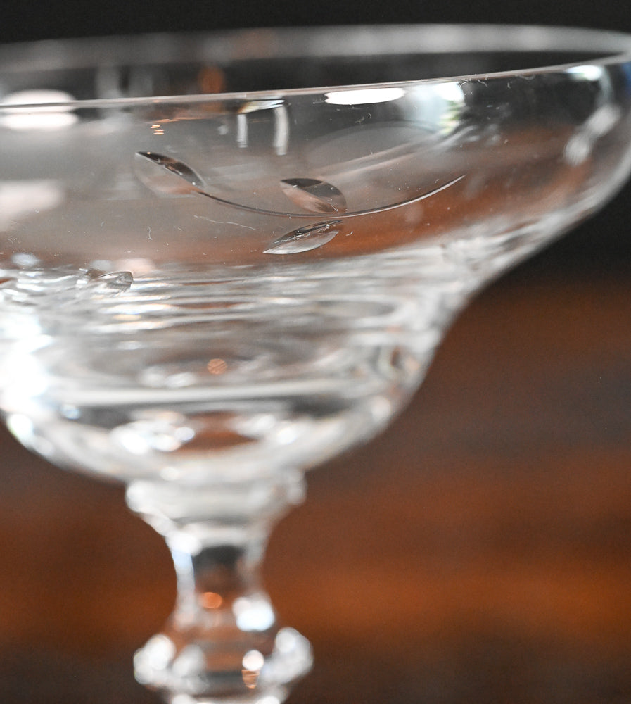 etched clear champagne coupes