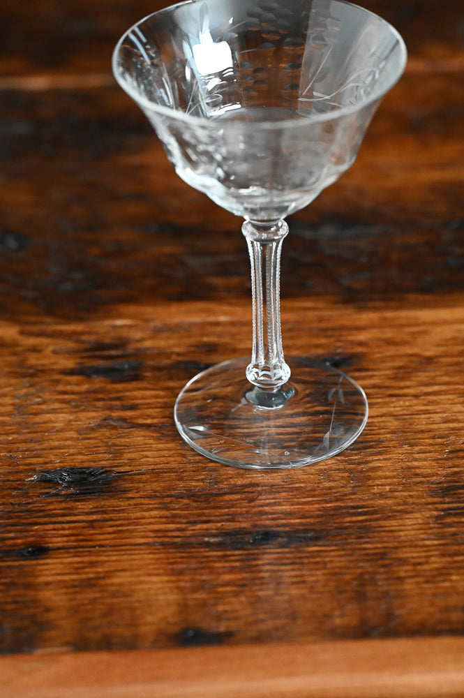 clear glass etched cocktail coupe