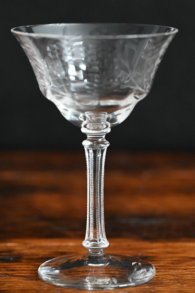 clear glass etched cocktail coupe