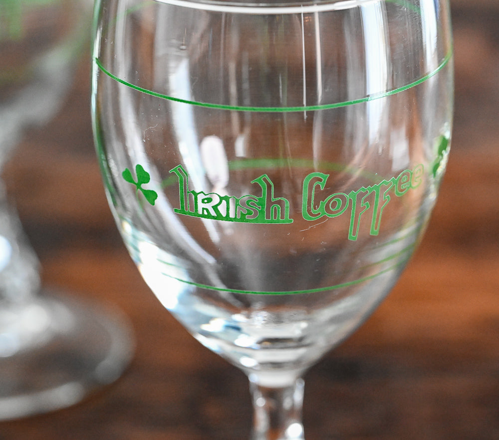 clear goblet with green "Irish Coffee" and clovers on it in green