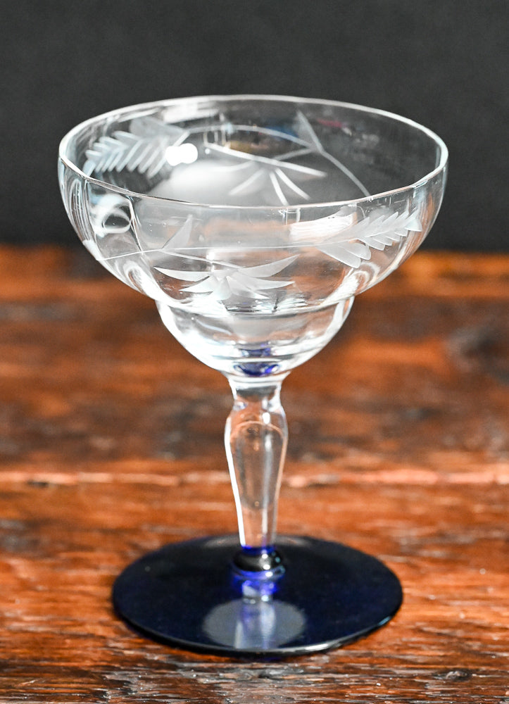 Weston Louie etched cocktail coupes with blue glass foot
