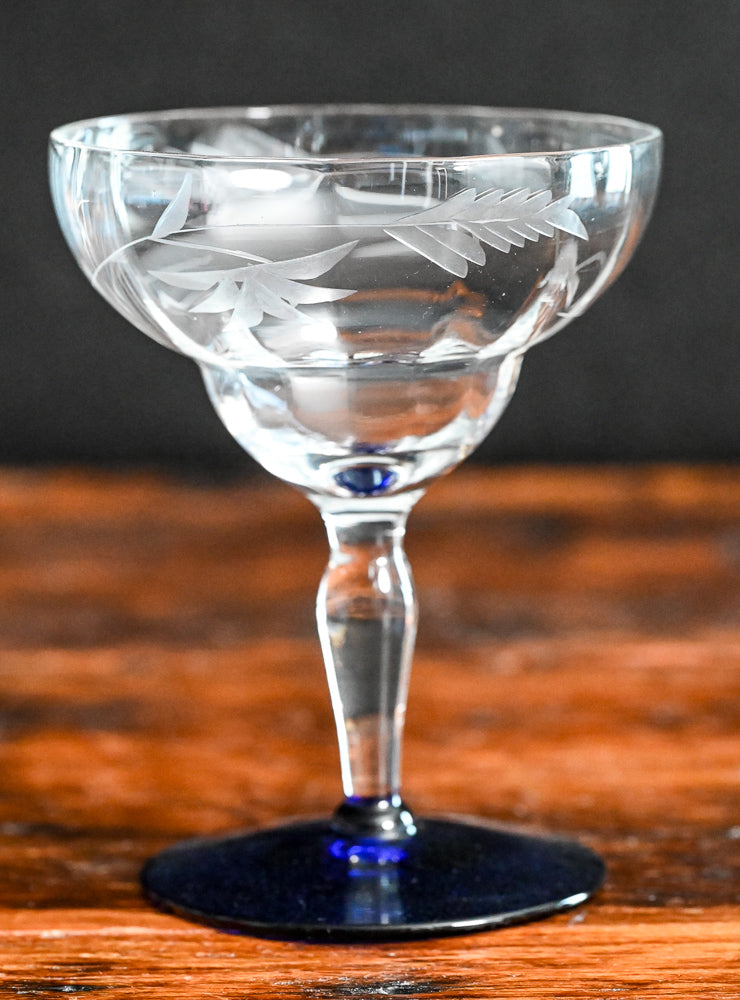 Weston Louie etched cocktail coupes with blue glass foot