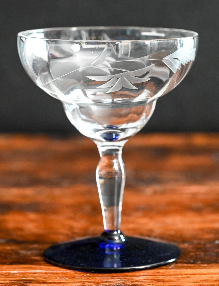Weston Louie etched cocktail coupes with blue glass foot
