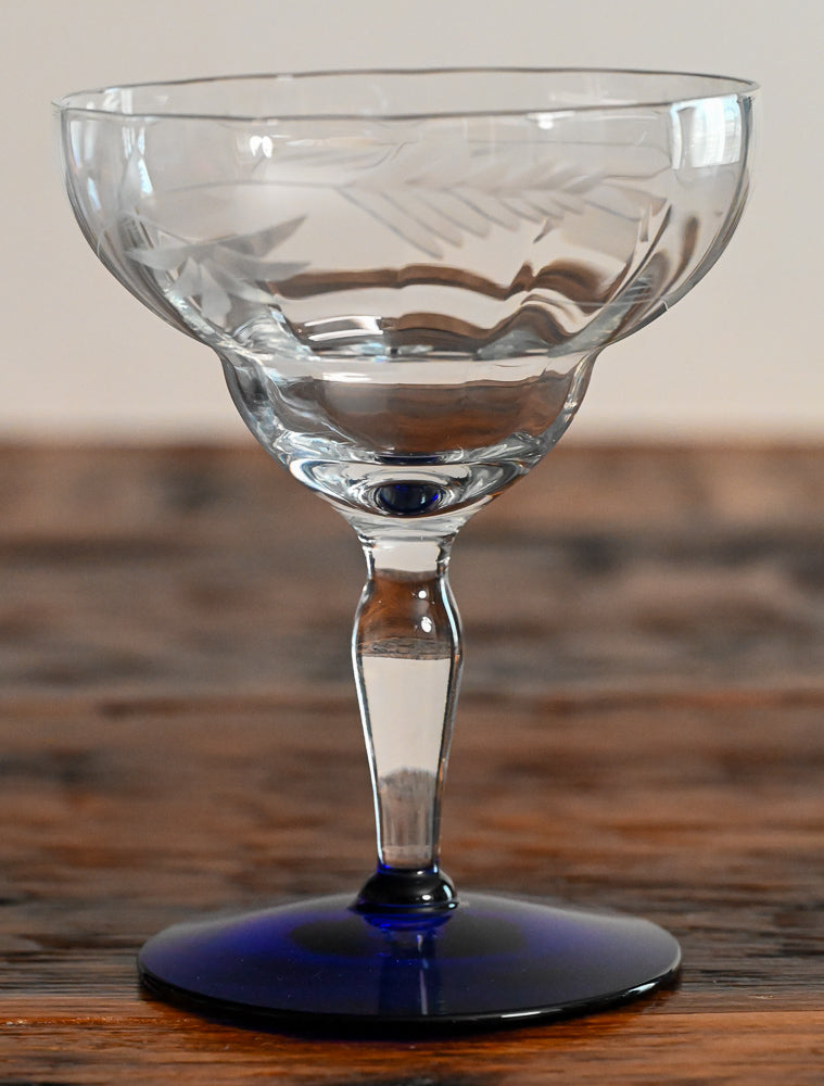 Weston Louie etched cocktail coupes with blue glass foot