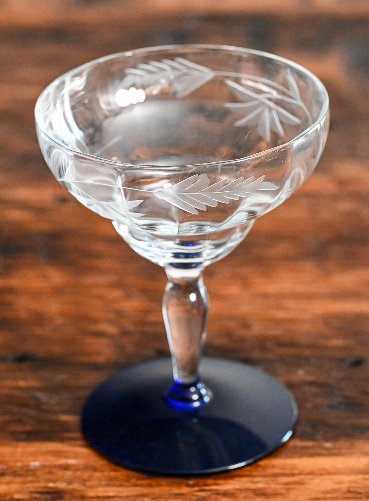 Weston Louie etched cocktail coupes with blue glass foot
