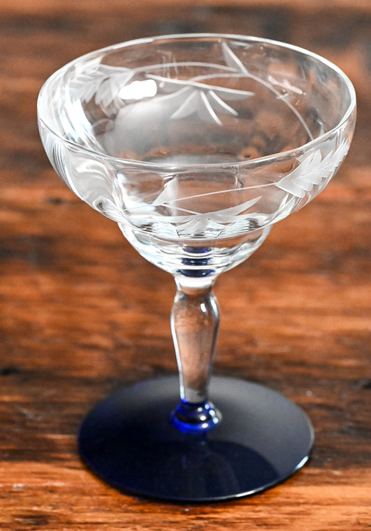 Weston Louie etched cocktail coupes with blue glass foot