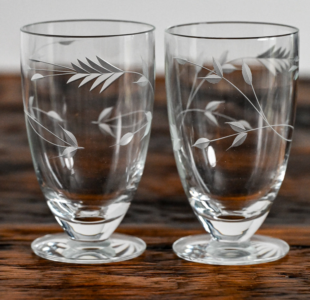 Sevron Moonglow clear footed tumbler with floral etching