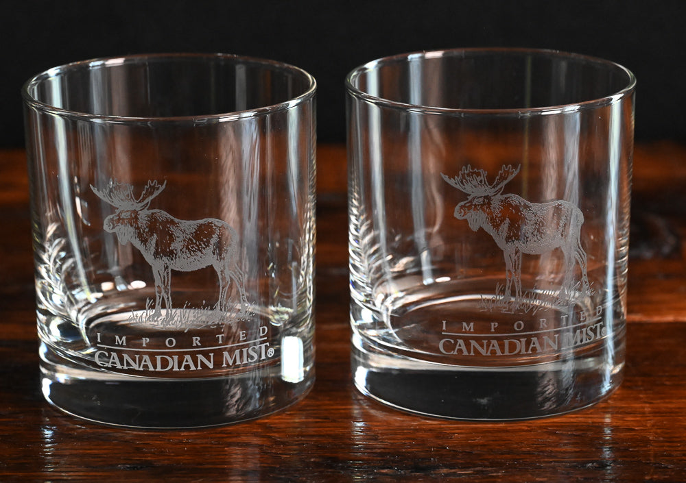 Canadian Mist Rocks glass with moose etched on it