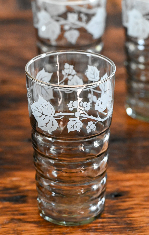 Libbey smoke gray tumblers with frosted leaves and silver rim