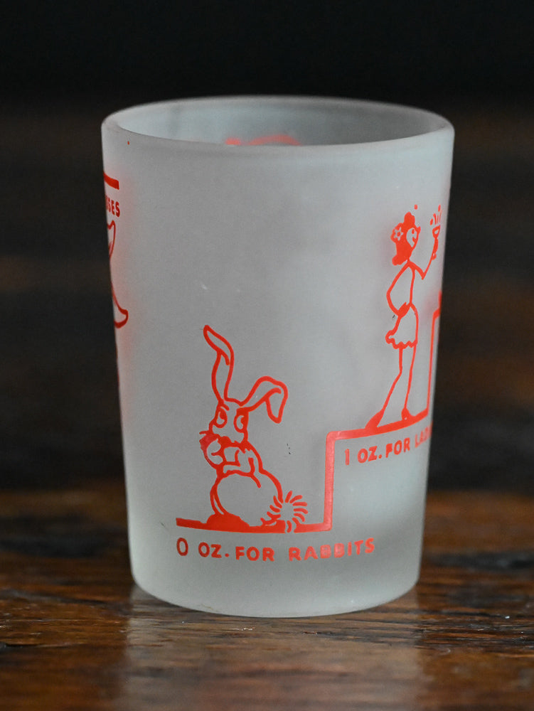 frosted Say When! shotglass with red writing and logos
