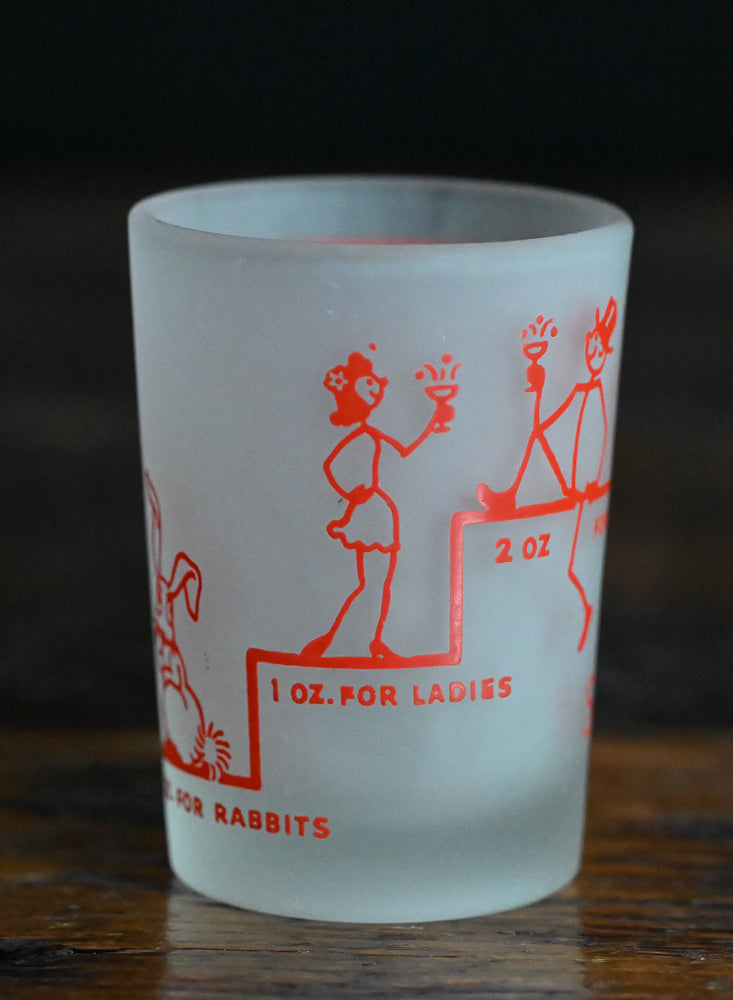 frosted Say When! shotglass with red writing and logos