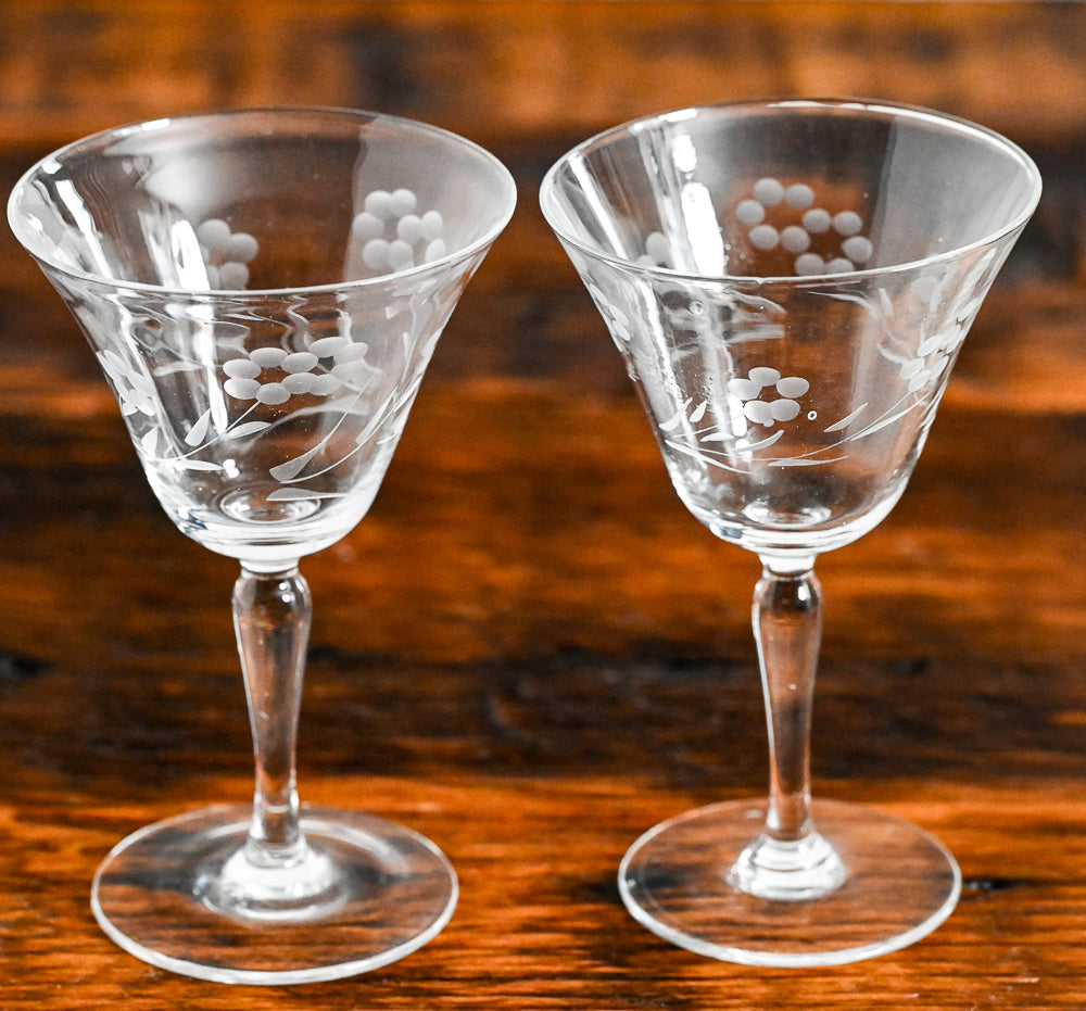 Flower etched clear wine glasses