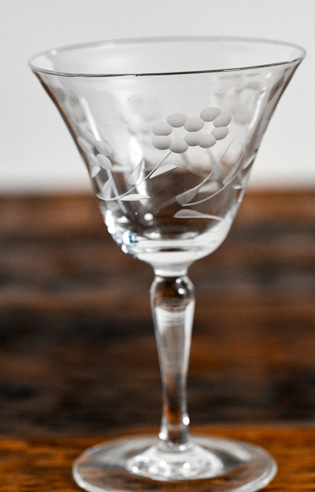 Flower etched clear wine glasses