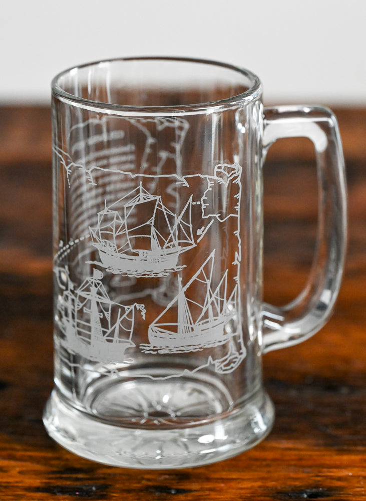 Columbus 500 year 1992 Long John Silvers clear mug with ships and map