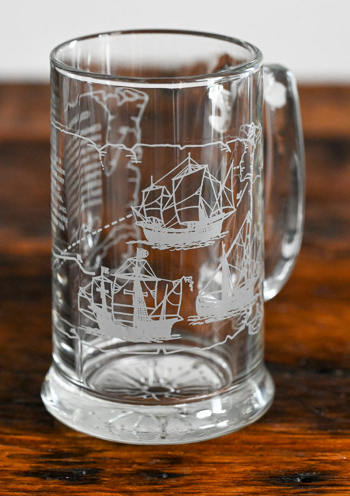 Columbus 500 year 1992 Long John Silvers clear mug with ships and map