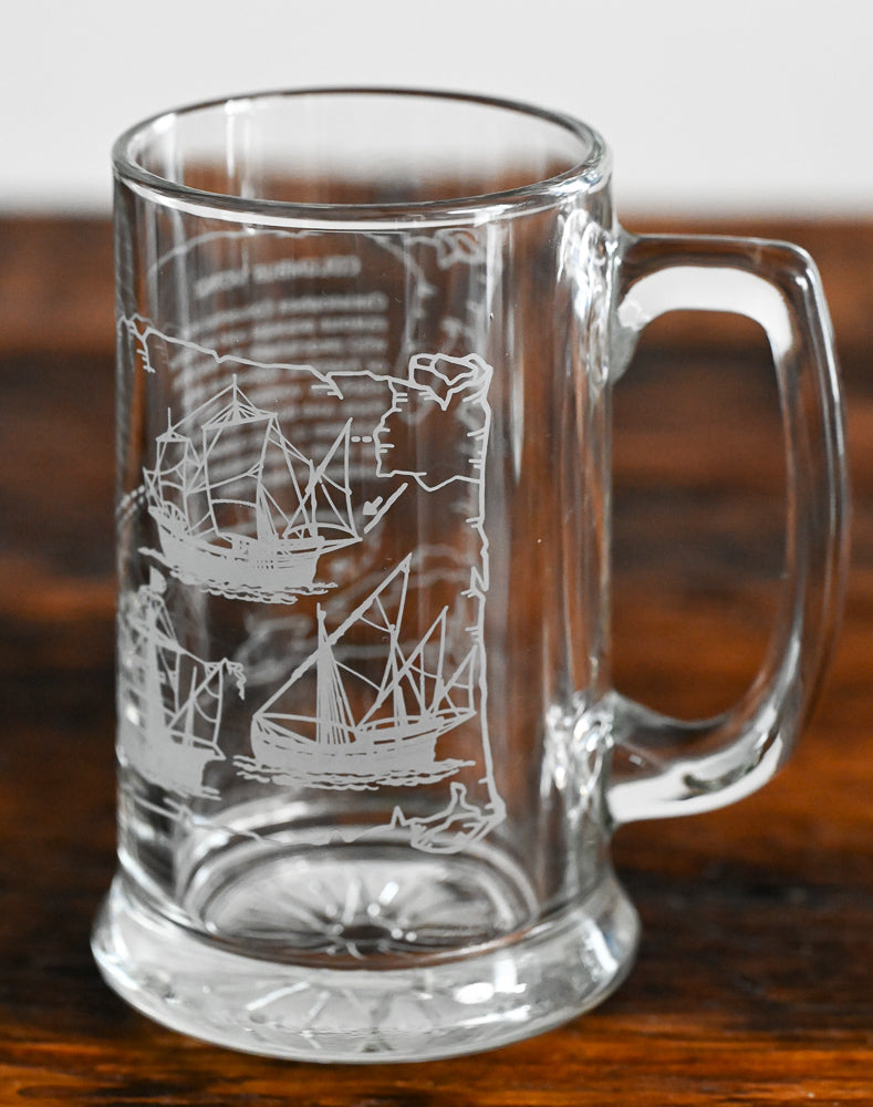 Columbus 500 year 1992 Long John Silvers clear mug with ships and map