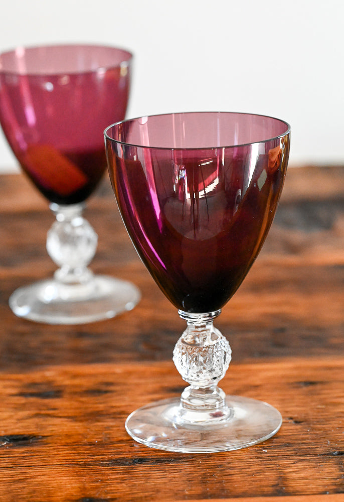 purple glass goblets Cambridge Amethyst with clear bulb stem