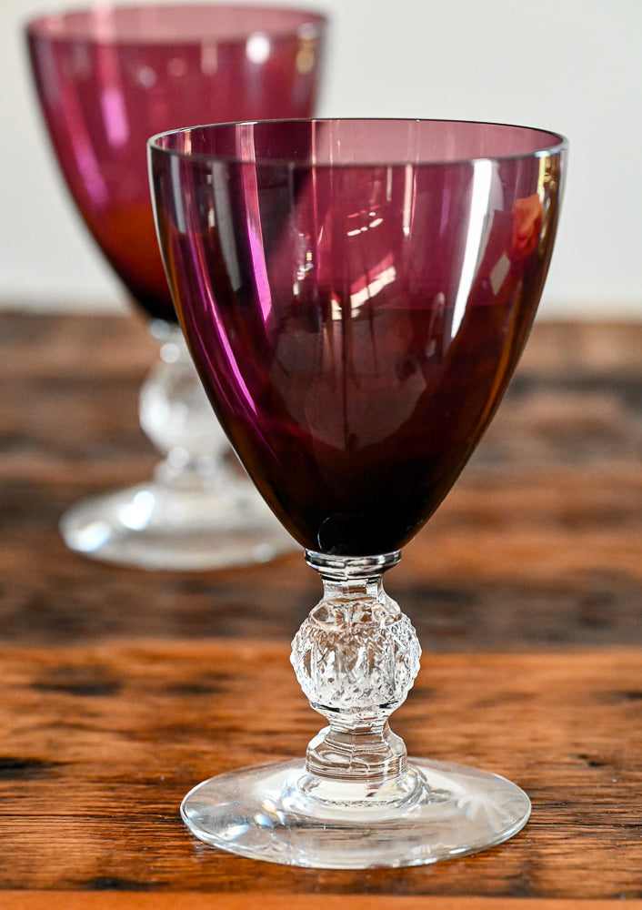 purple glass goblets Cambridge Amethyst with clear bulb stem