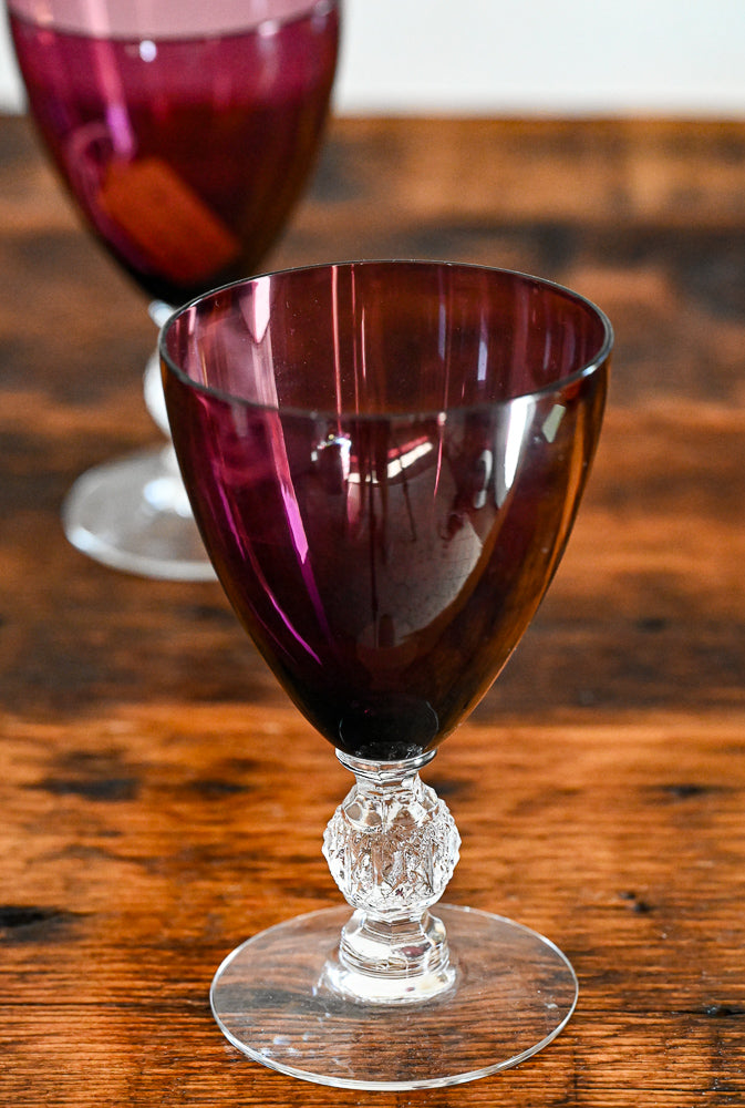 purple glass goblets Cambridge Amethyst with clear bulb stem