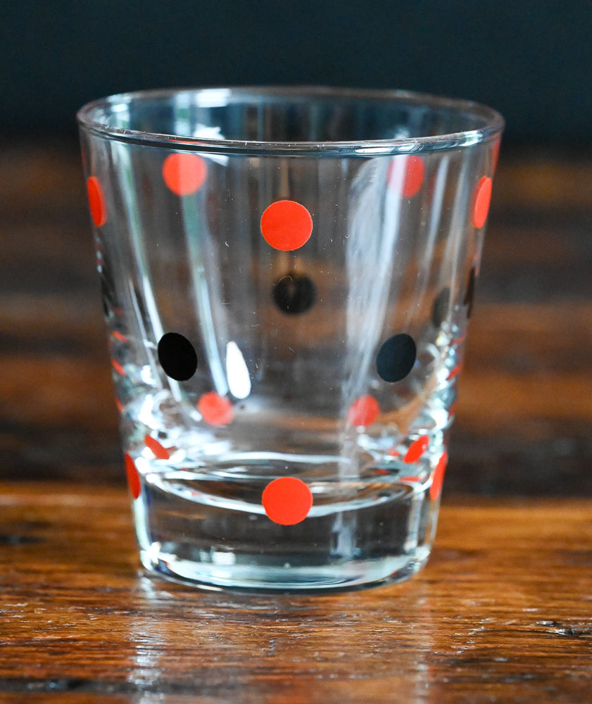 red and black polka dot Libbey lowballs