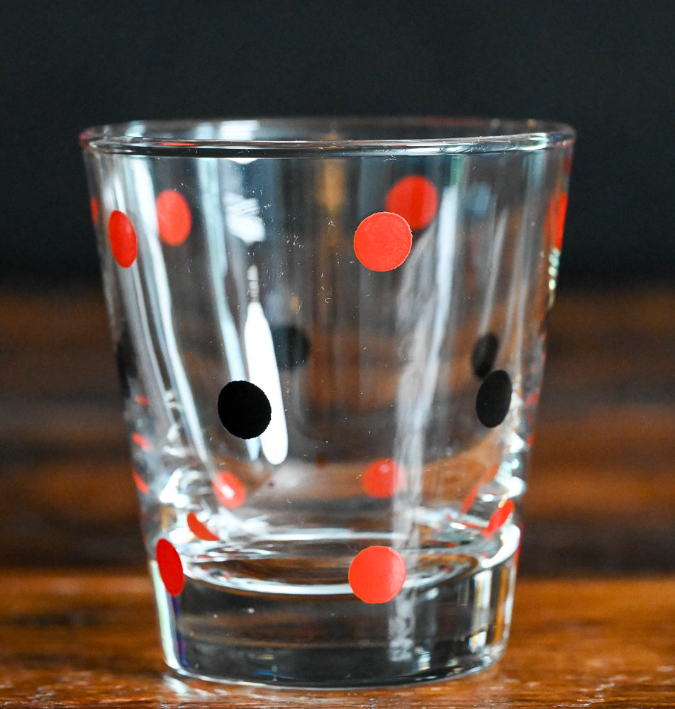 red and black polka dot Libbey lowballs