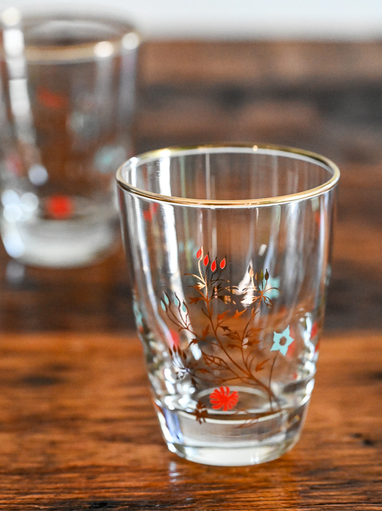 red and blue floral gold print juice glass