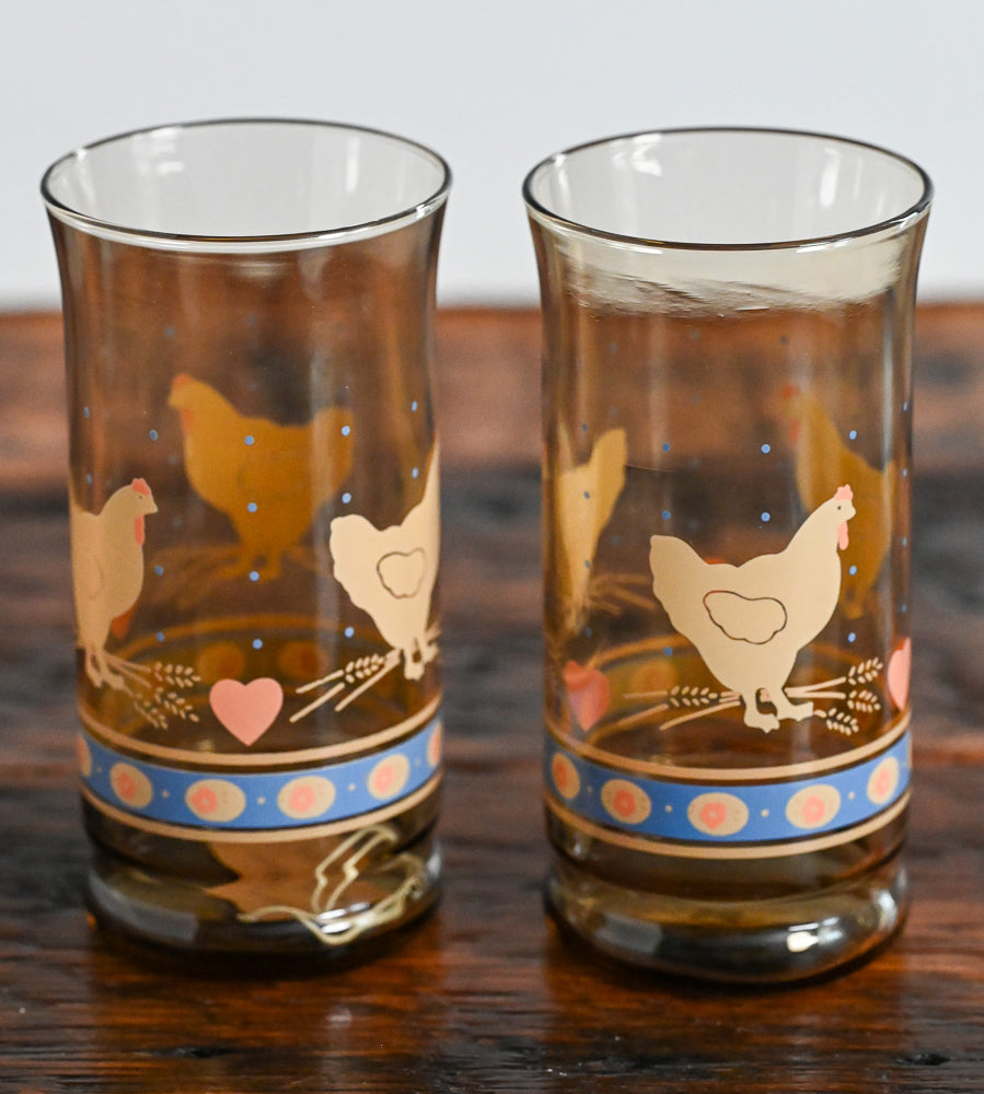 Libbey amber glass highball with chicken pattern