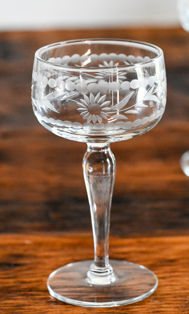 floral etched clear vintage coupe glasses