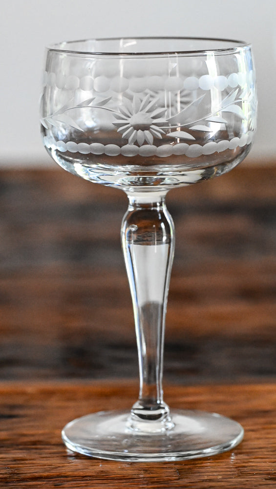 floral etched clear vintage coupe glasses