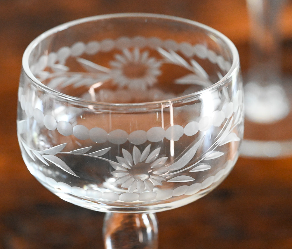 floral etched clear vintage coupe glasses