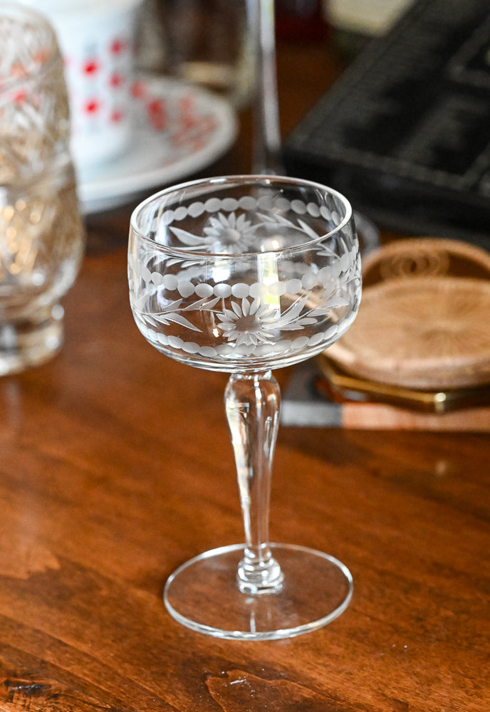 floral etched clear vintage coupe glasses