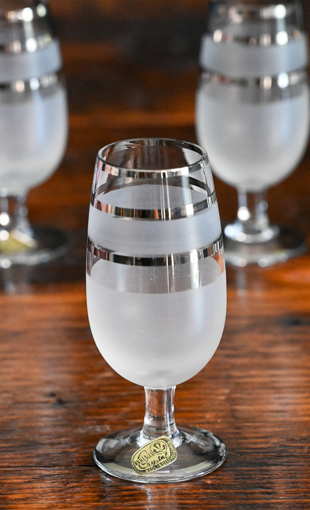 frosted and silver banded Bohemian Crystal Cordial glasses