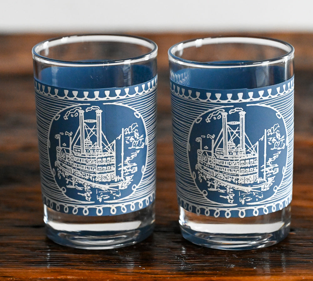 Currier & Ives blue and white steamboat print juice glasses