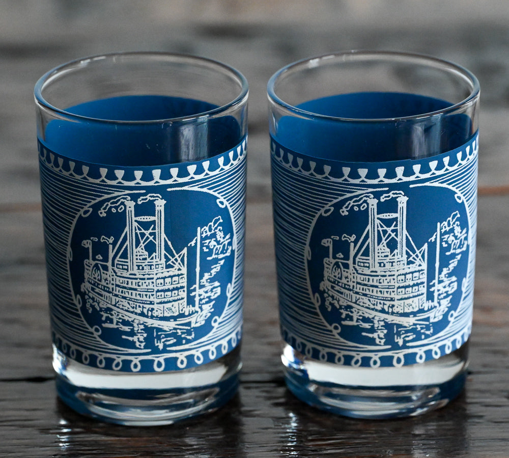 Currier & Ives blue and white steamboat print juice glasses
