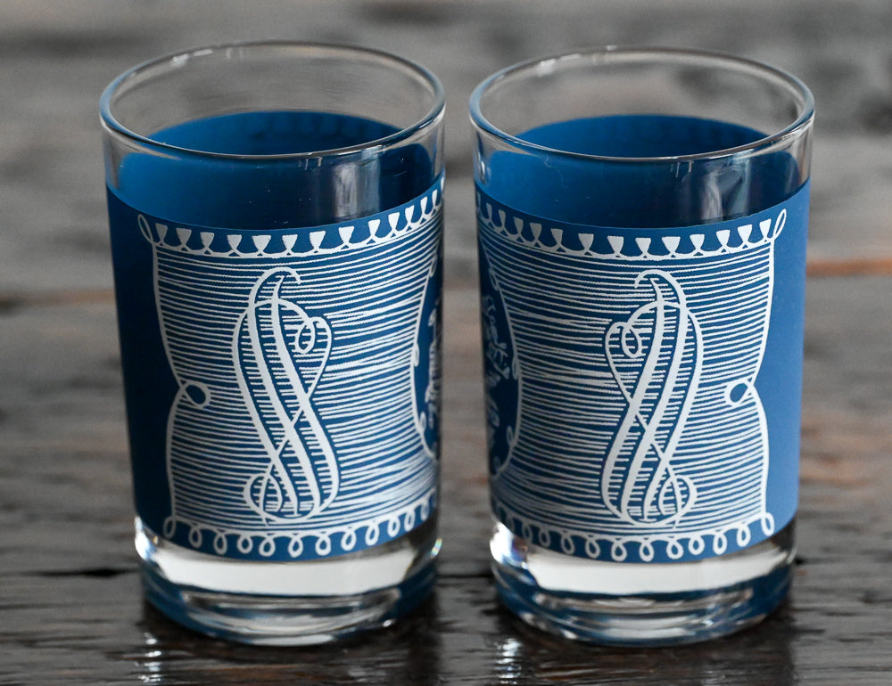 Currier & Ives blue and white steamboat print juice glasses